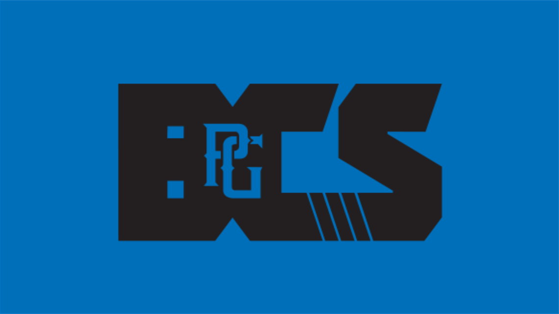 Bold graphic logo on a bright blue background featuring large black block letters forming the initials ‘B C S.’ Within the center letter is a smaller stylized white ‘PG’ emblem. The design incorporates angular shapes and diagonal blue lines extending from the lower right portion of the logo.