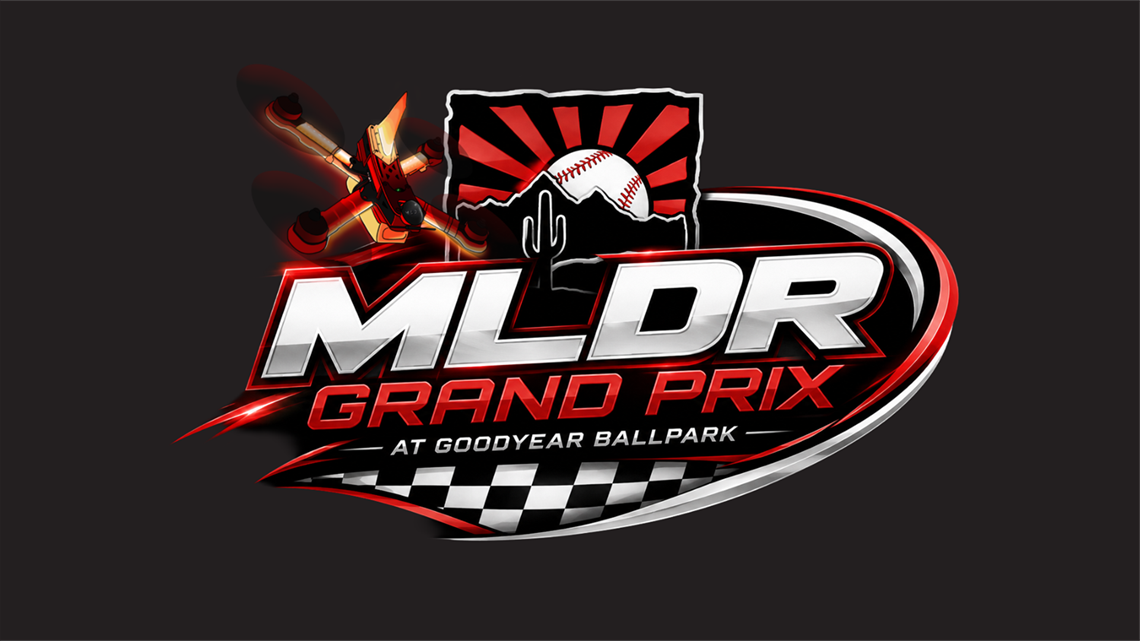 Logo featuring a racing drone in motion next to bold metallic text that reads ‘MLDR Grand Prix.’ Behind the text is a stylized illustration of a baseball, sun rays, and a cactus within a black outlined shape. A checkered racing pattern curves along the bottom with the words ‘At Goodyear Ballpark’ displayed above it on a dark background.