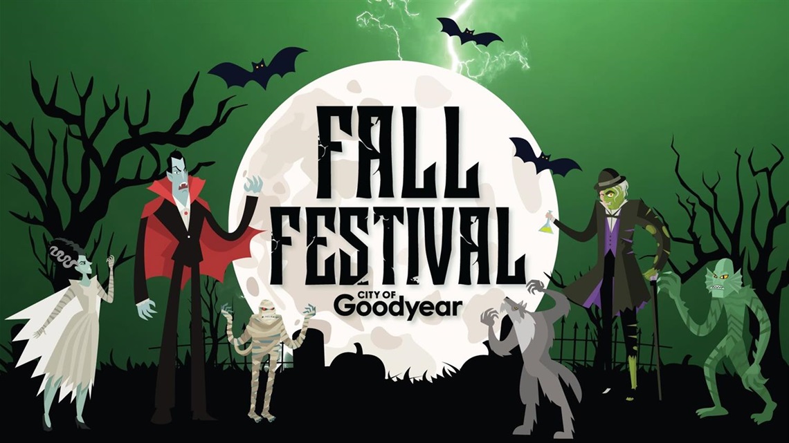 Spooky fall festival graphic featuring a large full moon against a green sky with lightning and flying bats. Silhouetted trees frame the scene. In front of the moon, bold text reads ‘Fall Festival’ with ‘City of Goodyear’ beneath it. Various classic monster characters—including a vampire, mummy, werewolf, and other creature figures—stand across the bottom of the image in a dark, shadowy landscape.