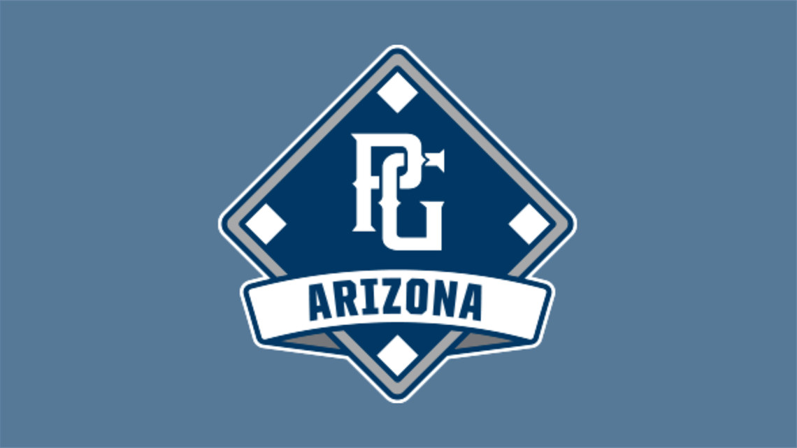 Logo featuring a dark blue diamond-shaped emblem with white corner accents. Inside the diamond are stylized white letters ‘PG.’ A curved white banner across the bottom of the emblem displays the word ‘Arizona’ in bold blue text. The background is a solid muted blue.