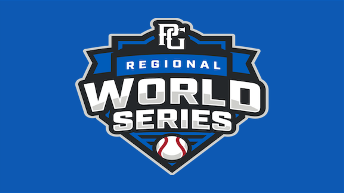 Graphic logo on a blue background featuring a shield shape with bold text that reads ‘Regional World Series.’ A stylized ‘PG’ appears at the top, and a small baseball icon is centered at the bottom of the shield.